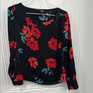 Express Black and Red Floral Blouse with Long Sleeves